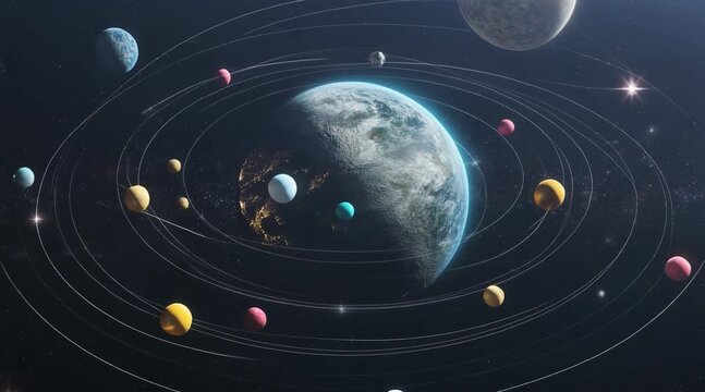 Celestial Orrery rotating with orbiting planets and star clusters in deep space illumination
