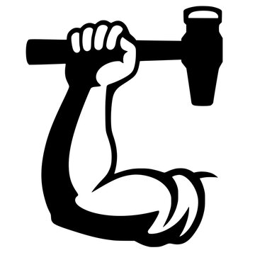 Black silhouette of a flexed muscular arm holding a hammer, bold vector design symbolizing strength, labor, craftsmanship, and power in a modern graphic style.