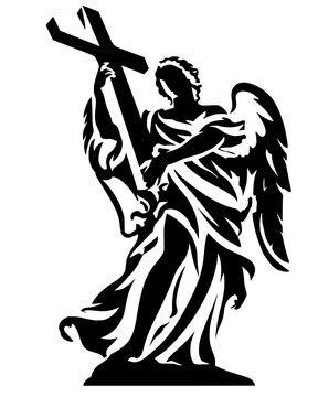 Angel holding cross silhouette, winged saint carrying holy crucifix, isolated black stencil illustration, faith and resurrection concept for religious, church, memorial design.