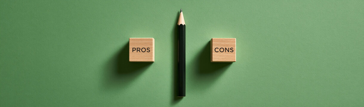 Pros and Cons Decision: Two wooden cubes with PROS and CONS printed on them are placed on a green surface, separated by a black pencil, symbolizing the decision-making process.