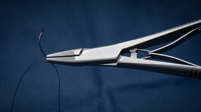 Medical needle holder with suture thread on dark blue background.