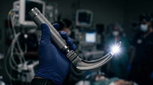 Medical professional holding a laryngoscope in a modern operating room.