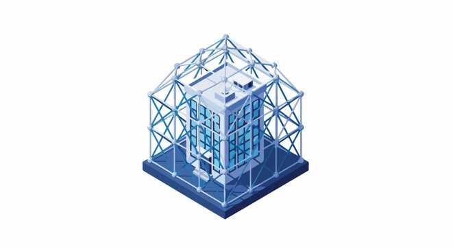 An isometric small office building encapsulated within a protective blue and silver geometric quantum lattice structure. The design uses high contrast, bright lighting, and a professional