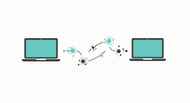 Two minimalist laptop icons connected by a stylized line of glowing subatomic particles and dots representing quantum entanglement. Bright teal and charcoal color palette on a white background.