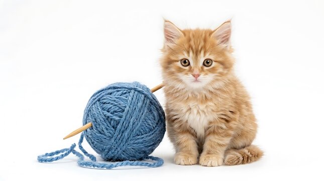 Adorable fluffy orange tabby kitten sitting next to a ball of blue yarn.