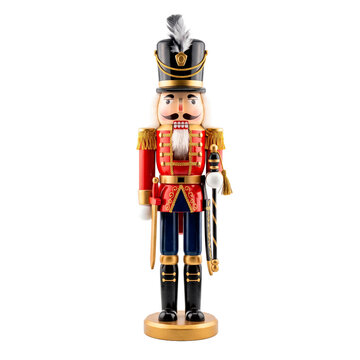 Traditional Christmas nutcracker soldier figure in red uniform with gold trim and feather hat PNG Isolated on transparent background