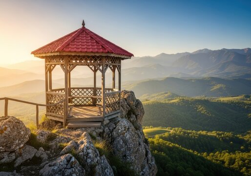 Wooden gazebo on a rocky cliff overlooking a scenic mountain landscape at sunrise