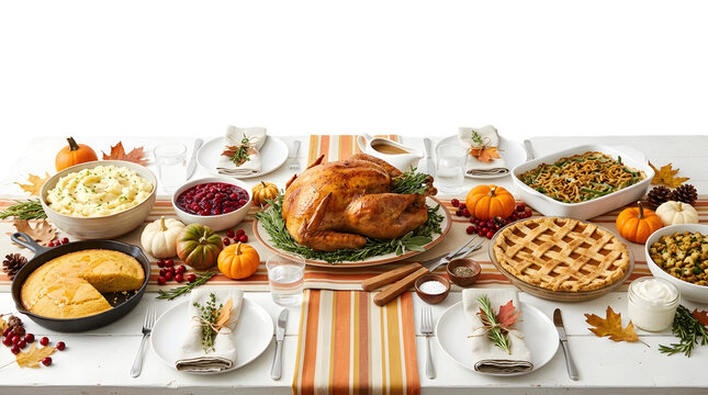 A festive thanksgiving dinner table spread with roasted turkey, side dishes, and autumn decorations isolated on transparent background
