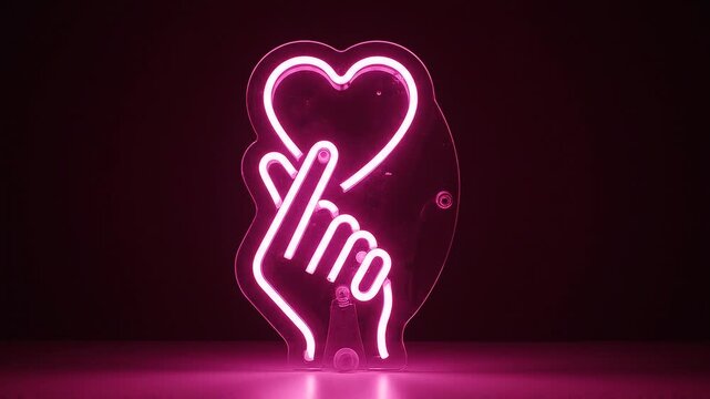 Bright pink neon light sign glowing in the dark, depicting a hand making a finger heart gesture symbolizing love