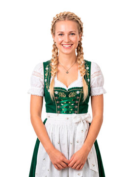Young woman in traditional Bavarian dirndl dress with braided blonde hair smiling happily for Oktoberfest celebration PNG Isolated on transparent background