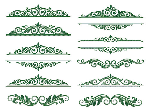 Vintage green ornamental dividers and elegant scroll borders set, classic Victorian filigree flourishes for wedding invitations and luxury branding. Ornate decorative header elements with