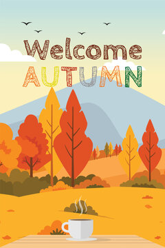 Welcome Autumn Coffee Mug Countryside Mobile Story Vector Template