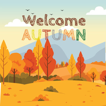 Welcome Autumn Countryside Landscape Square Vector Illustration