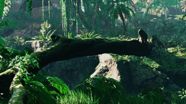 A dense forest shows a large tree branch covered with green moss. Surrounding plants and ferns fill the area. Light filters through the leaves, creating a natural setting.