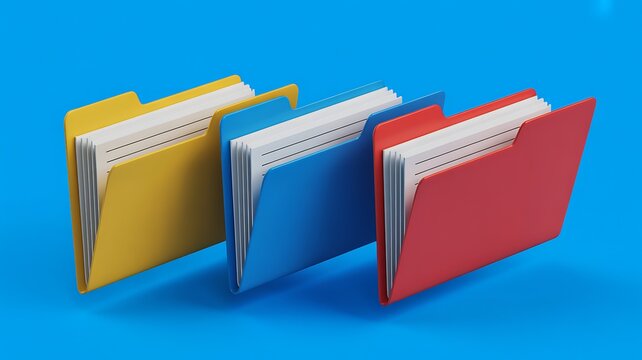 A 3d rendered illustration of an open glossy file folder set in bright yellow blue and red colors for digital data management