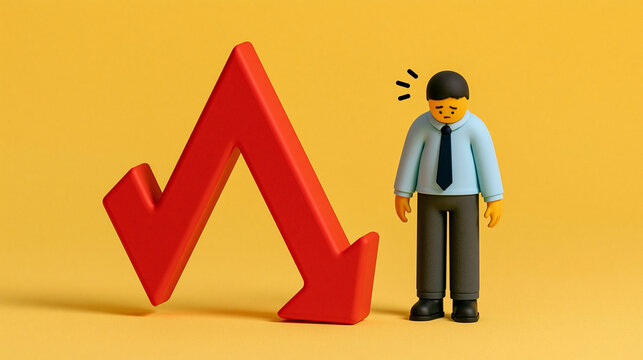 A Business Downturn: A claymation businessman stands dejectedly next to a red downward trending graph, symbolizing a decline in business or financial performance.