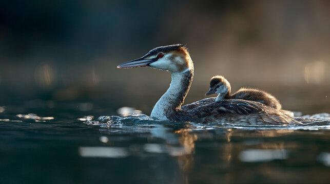 Great crested grebe carries small fluffy chick upon its back during golden hour morning light rays