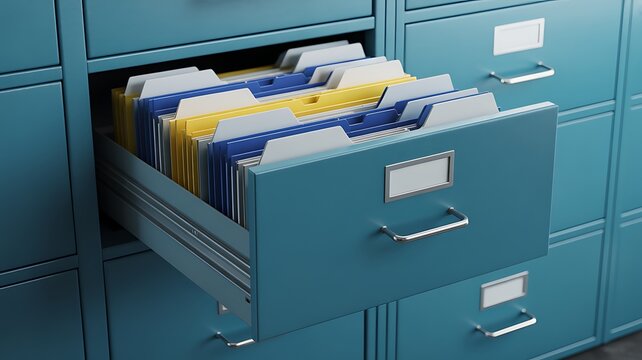 A Close-up Photograph of Colorful File Folders Stored in an Organized Metal Filing Cabinet Drawer for Office Document Management