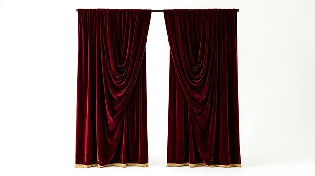 Elegant deep red velvet curtains on a white background.