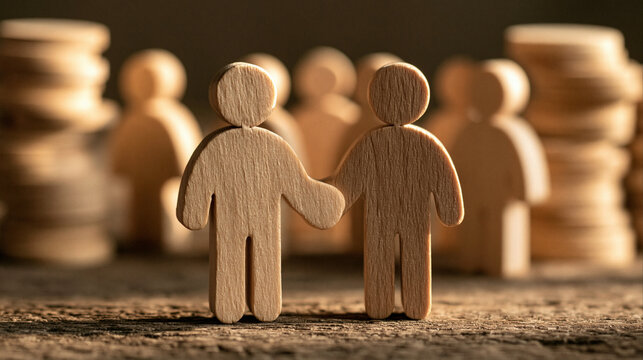 Friendship Symbolized: Two wooden figures shake hands in the foreground, representing trust and connection, with a blurred background of other figures suggesting a community.