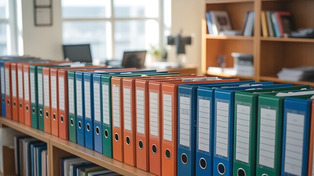 A Close-up Photograph of Organized Colorful Ring Binders Stored on Office Shelves for Professional Document Archiving and Filing