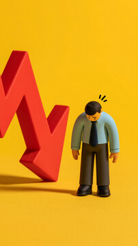 Financial Downward Spiral: A miniature businessperson dejectedly bows their head next to a large, red downward-trending arrow, symbolizing a significant financial loss or market decline.