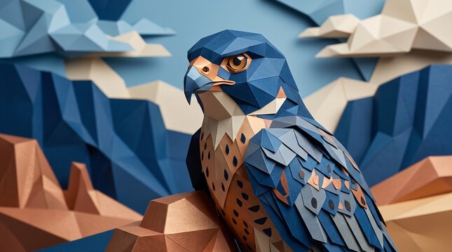 Low Poly Papercraft Falcon Bird in Mountain Landscape