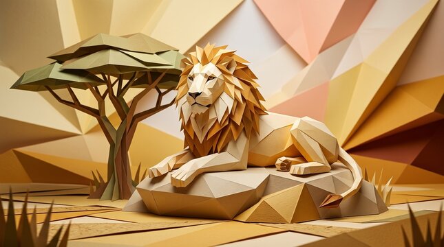 Low Poly Papercraft Lion Resting in African Savanna