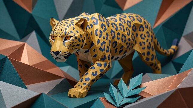 Low Poly Papercraft Leopard in Geometric Landscape
