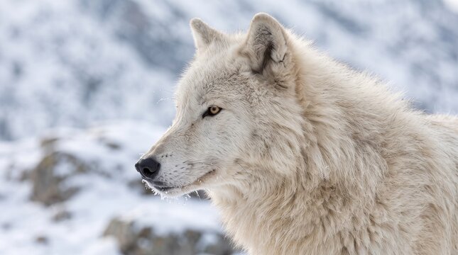 Close-up portrait of a white arctic wolf in snow