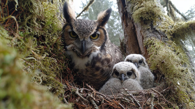 Great horned owl mother gazes protectively over fluffy owlets resting inside a cozy forest tree nest