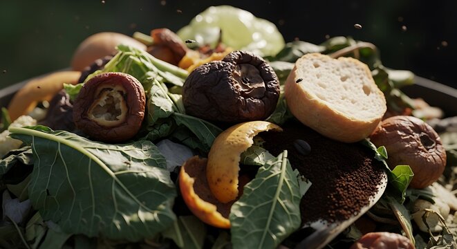 Assorted fresh organic food waste scraps composting for sustainable gardening