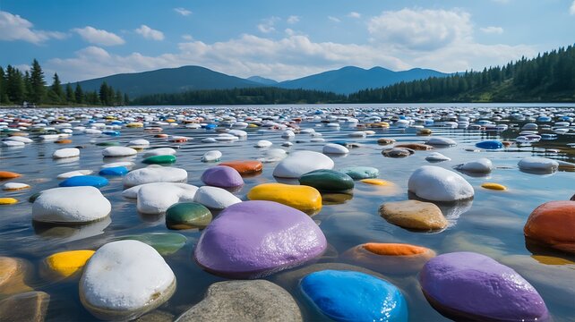 A vibrant landscape photograph of a shallow lake with colorful smooth stones and scenic mountain view