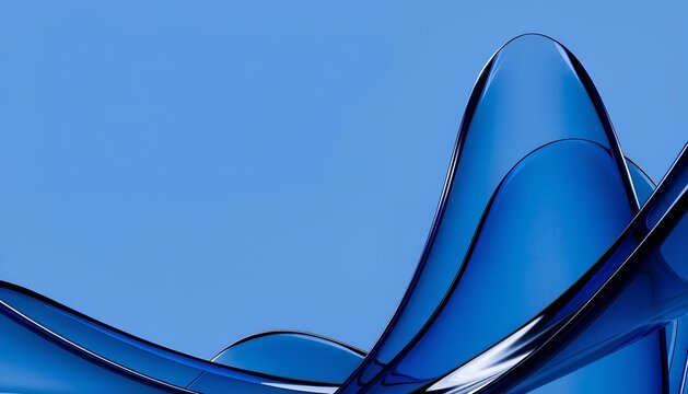 Abstract Blue Glass Wave Background with Copy Space, 3D Fluid Transparent Curve Dynamic Shape