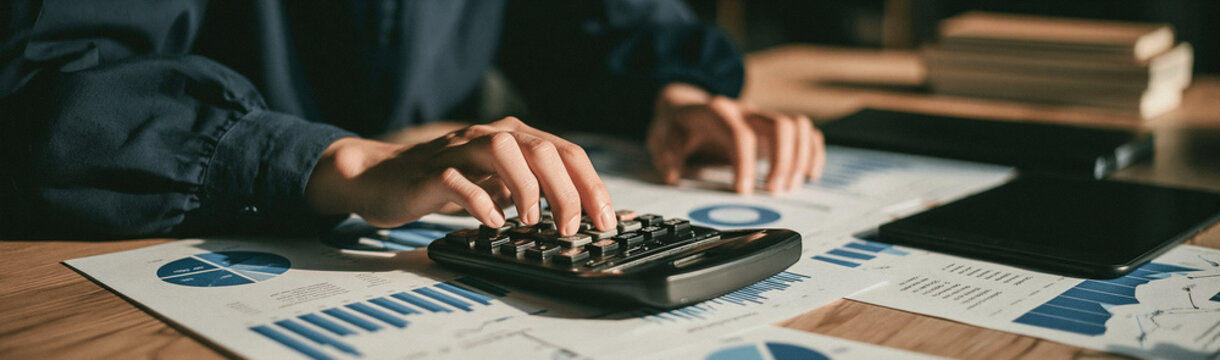 Financial Calculations: Hands operating a calculator on a desk covered with financial charts and graphs, symbolizing fiscal planning and analysis.
