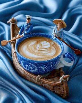 Elegant Teacup in Canoe With Rowing Figurines