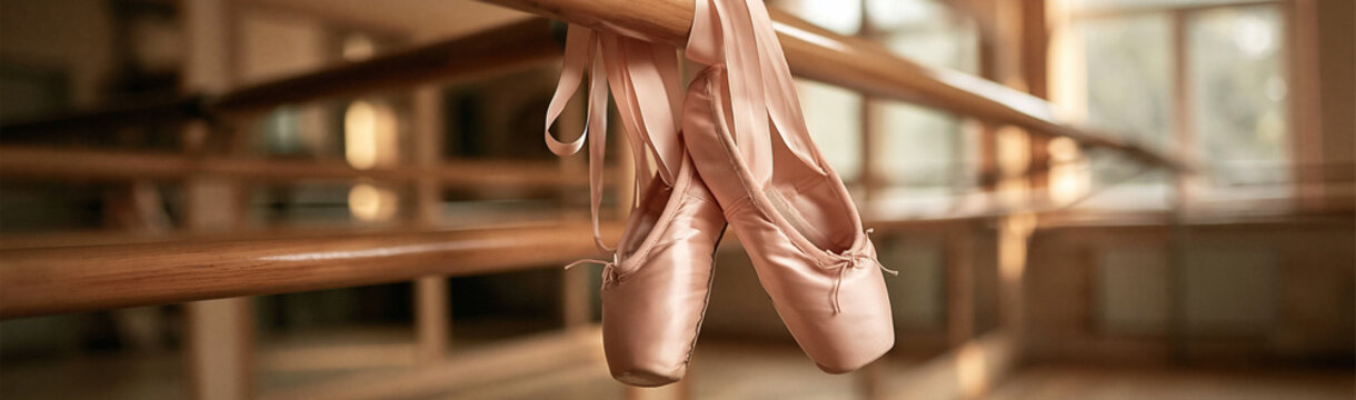 Ballet Shoes on Barre: Elegant pink ballet pointe shoes hang from a wooden barre in a dance studio, ready for a performance, evoking grace and discipline.