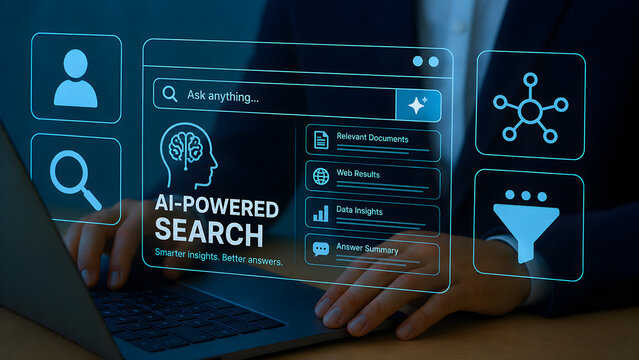 AI powered search concept with businessman using laptop and holographic search bar showing relevant documents and data insights