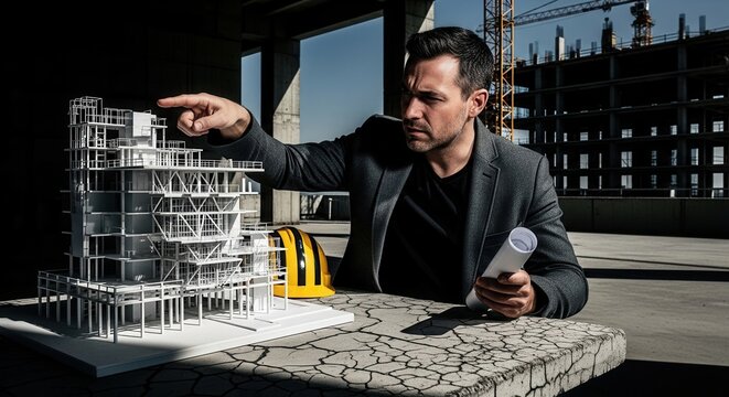 Architect Showcasing Building Model At Construction Site