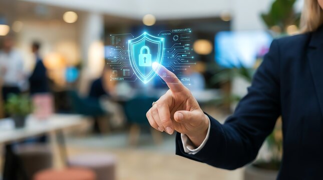 Cybersecurity professional interacting with digital shield protection hologram in modern office setting for data safety