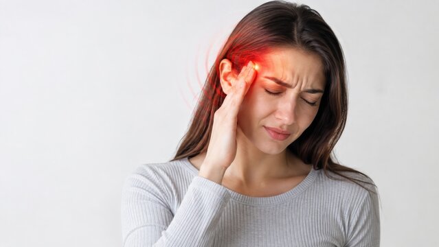 Young woman suffering from severe migraine touching her temple showing headache pain radiating waves.