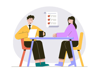 Fototapeta premium A job interview or professional meeting between two people sitting across from each other at a table. Internship illustrations. Flat vector concepts.