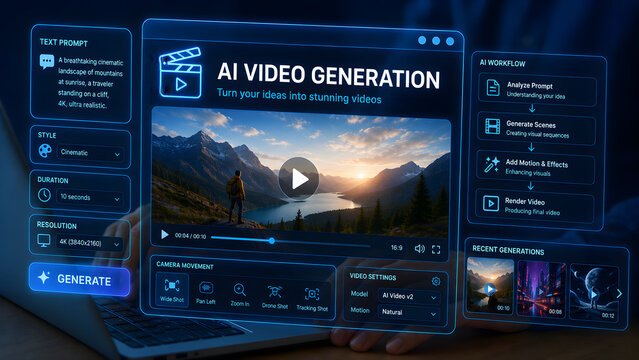 AI video generation app interface with text prompt, camera movement settings and generated cinematic mountain video
