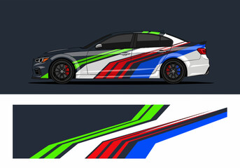 Fototapeta premium Sporty car with colorful racing stripe decal design