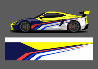 Fototapeta premium Yellow and blue sports car with racing stripes illustration