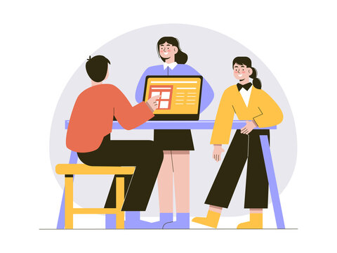 A manager or supervisor standing behind a laptop and two colleagues or interns communicating across a desk. Internship illustrations. Flat vector concepts.
