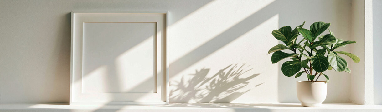 Blank Frame and Fiddle Leaf Fig: An empty picture frame bathed in soft sunlight casts elegant shadows on a plain wall, next to a potted fiddle leaf fig plant.