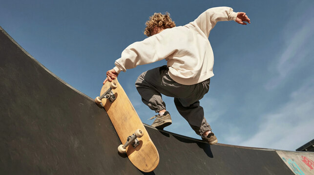 Skater's Ramp Ride: A young person in casual attire performs a dynamic maneuver on a skateboard, gripping the board as they ascend a curved ramp against a clear blue sky.