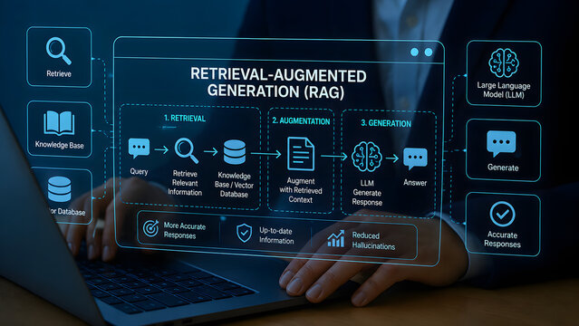 Retrieval augmented generation RAG concept with businessman using laptop and holographic screen showing knowledge base workflow