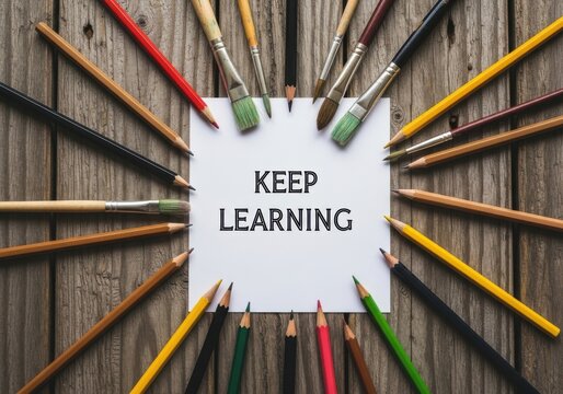 Keep learning text on paper surrounded by colorful pencils and brushes on wooden table